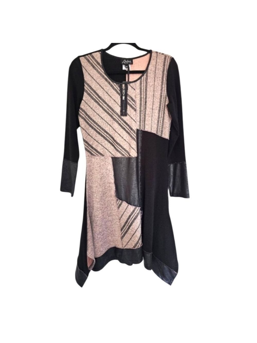 ARTEX Faux Leather Trimmed Pink & Black Tunic Dress Canadian Made Size Med NWT